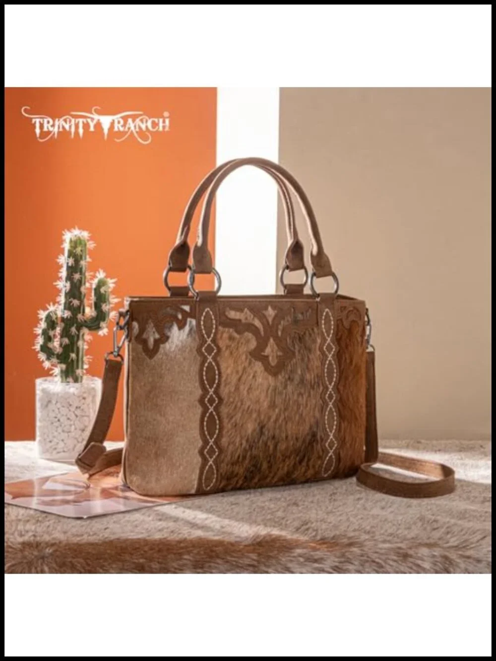 Genuine Hair-On Cowhide Western Tote Bag with Boot Stitch